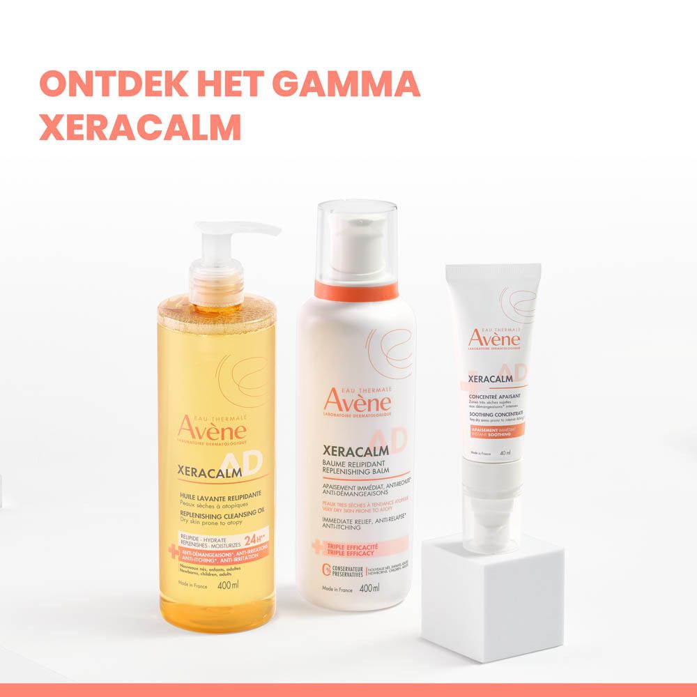 Witte tube met product. Opschrift: Avene XeraCalm A.D. Concentré Apaisant. 40 ml.