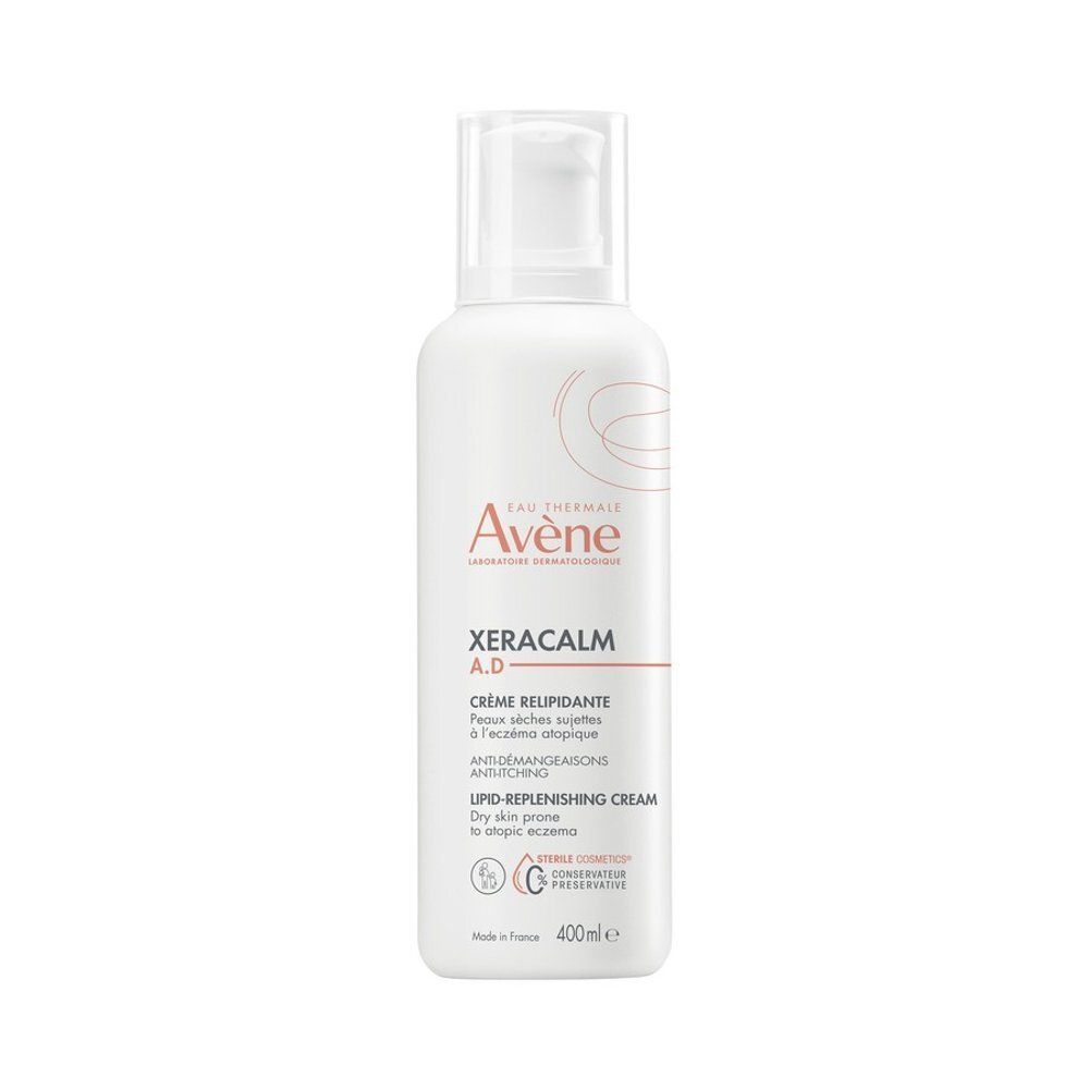 Witte fles Avène XeraCalm A.D. Crème. Tekst: Crème, onmiddellijke verlichting, 400ml.