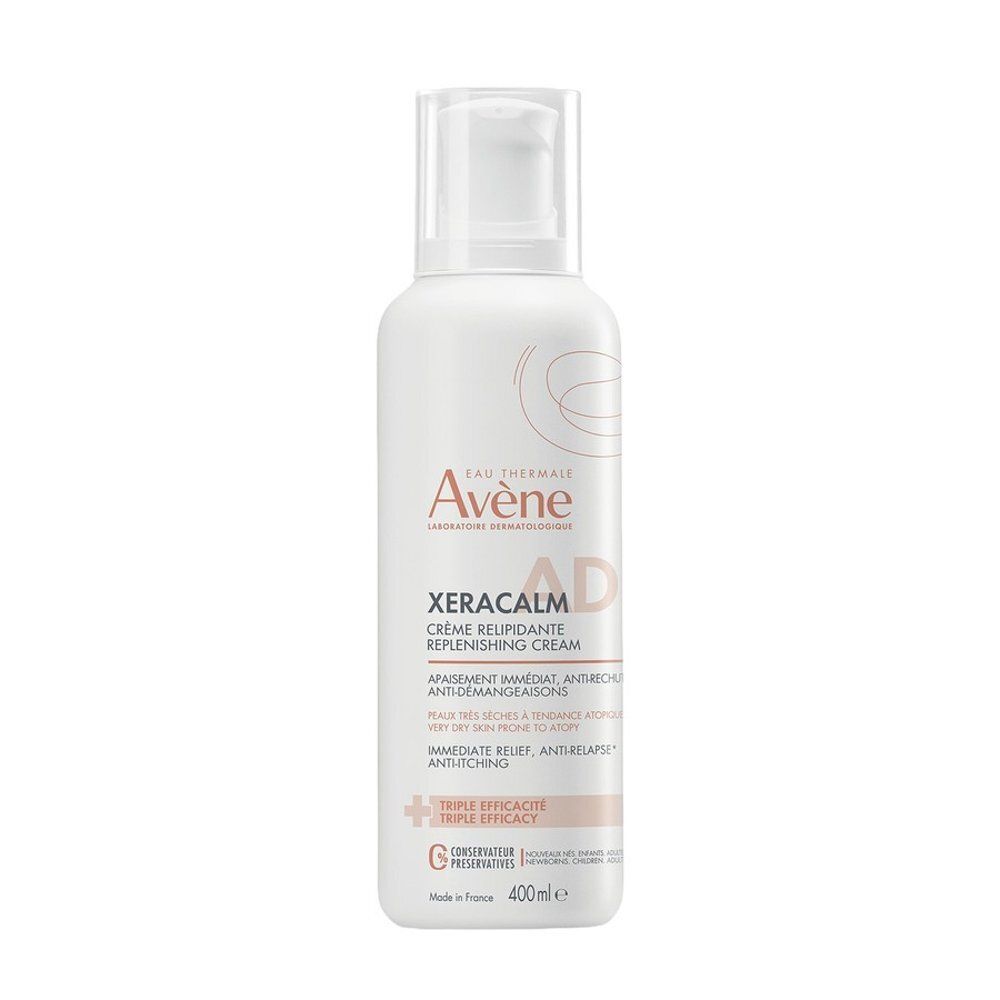Flacon blanc Avène XeraCalm A.D. Crème. Texte: Crème, soulagement immédiat, 400ml.