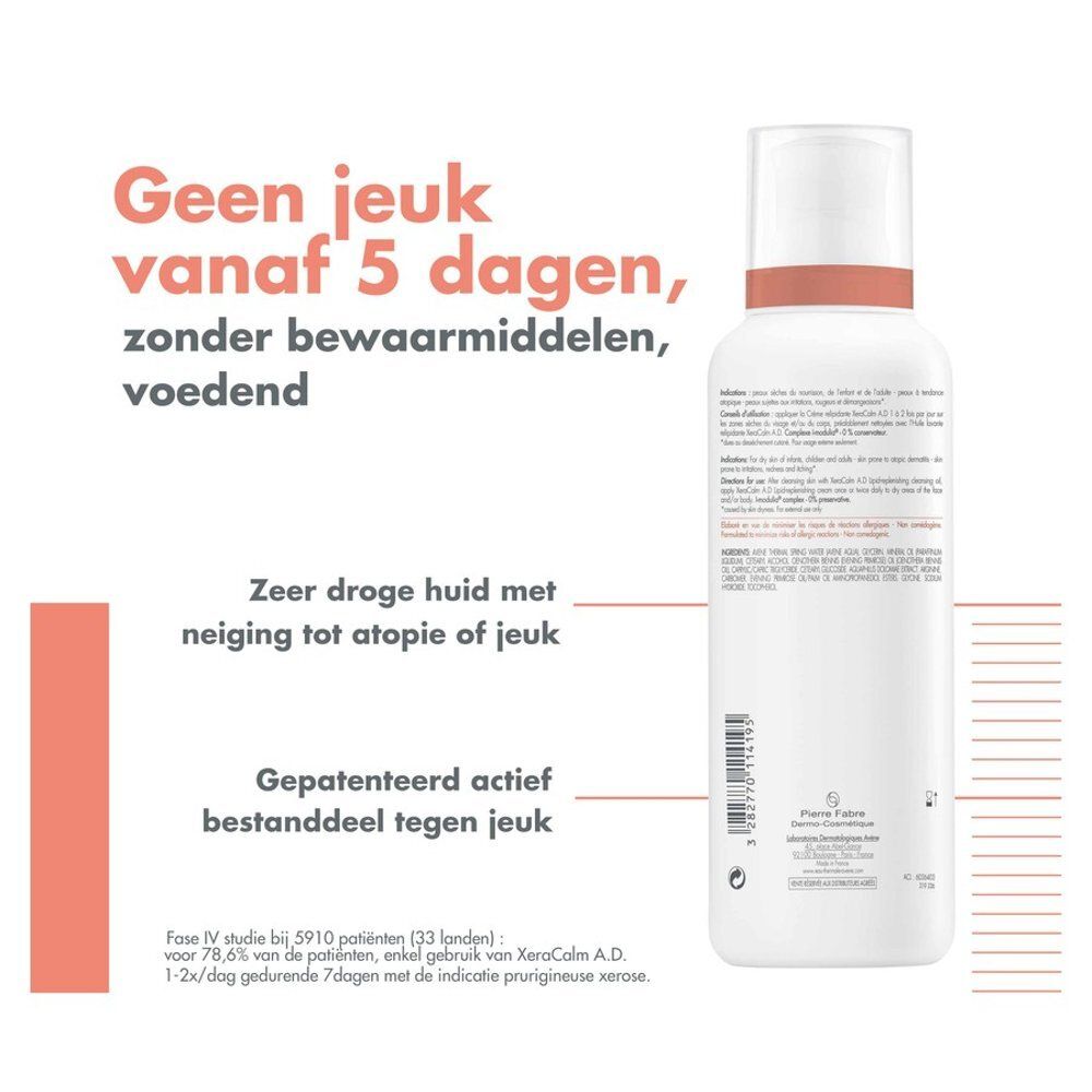 Dos du flacon blanc Avène XeraCalm A.D. Crème. Texte: Utilisation, ingrédients, QR code.