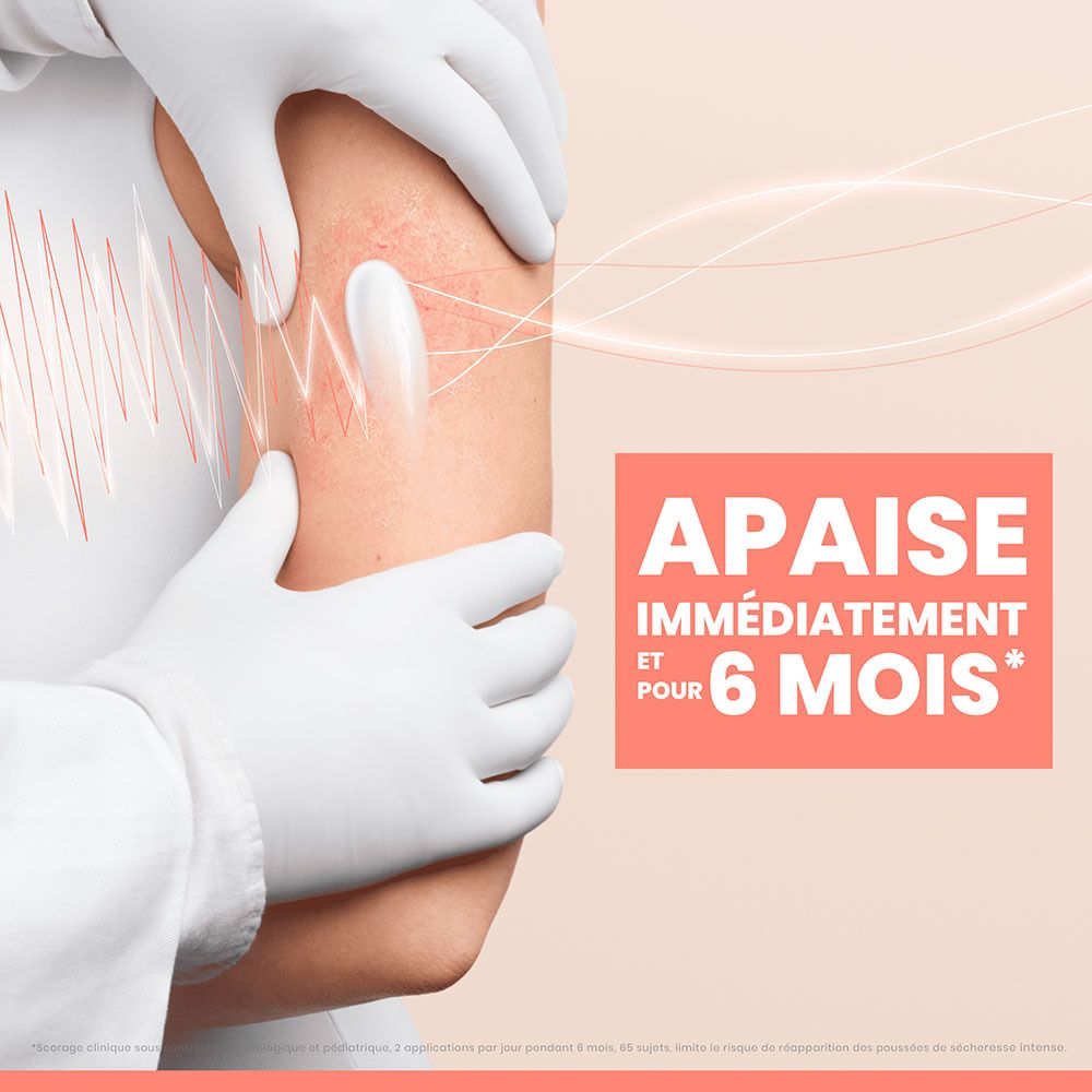 Flacon blanc avec bouchon blanc et anneau orange. Texte: Eau Thermale Avène Xeracalm AD Baume Relipidant.