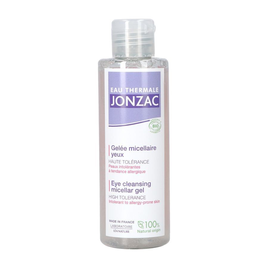 Flacon de gel micellaire pour les yeux. Inscriptions: Jonzac, Eau Thermale, Gelée micellaire yeux, Haute Tolérance. Certification Bio.