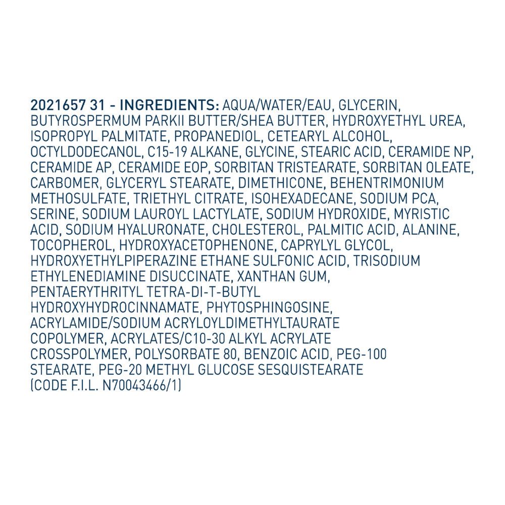 Opschrift: CeraVe, Intensive Moisturising Lotion. Witte fles met blauwe pomp. Tekst in het Engels en Frans.