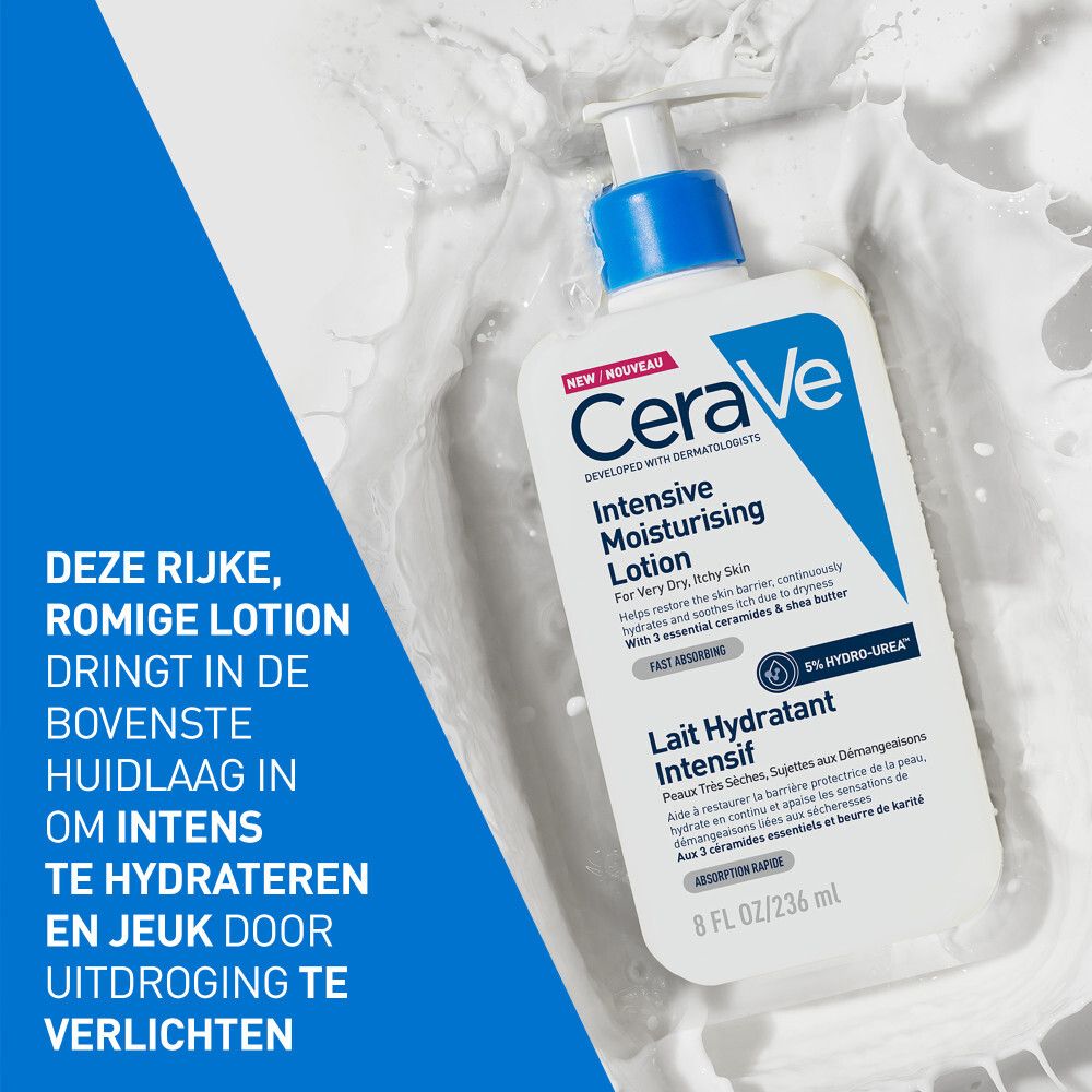 Witte fles met blauwe pomp. Opschrift: CeraVe, Intensive Moisturising Lotion. Tekst in het Engels en Frans.