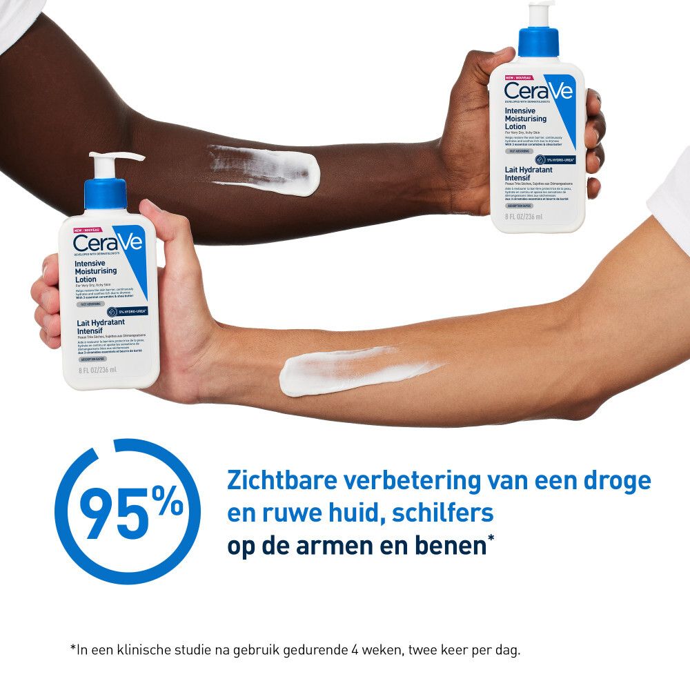 Witte fles met blauwe pomp. Opschrift: CeraVe, Intensive Moisturising Lotion. Tekst in het Engels en Frans.