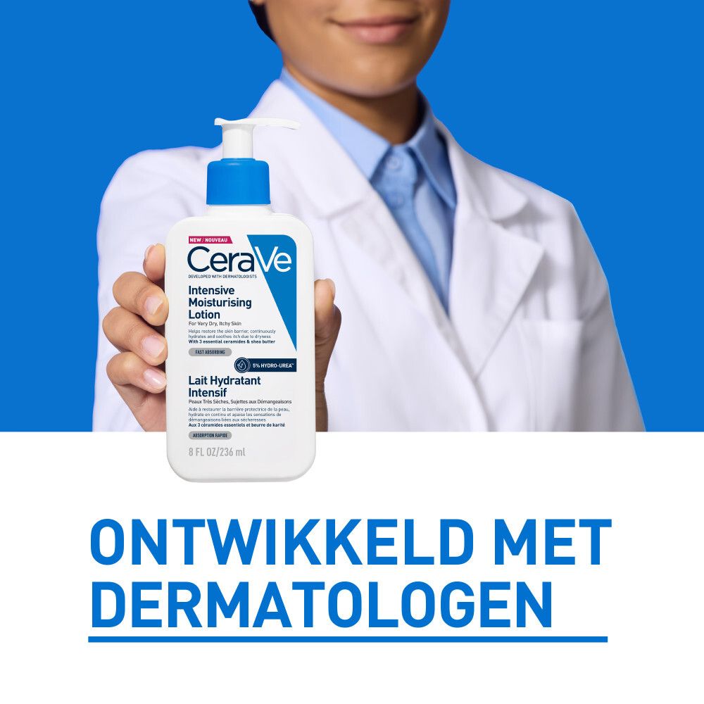 Witte fles met blauwe pomp. Opschrift: CeraVe, Intensive Moisturising Lotion. Tekst in het Engels en Frans.