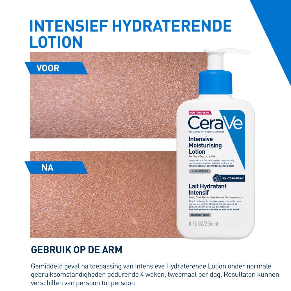 Witte fles met blauwe pomp. Opschrift: CeraVe, Intensive Moisturising Lotion. Tekst in het Engels en Frans.