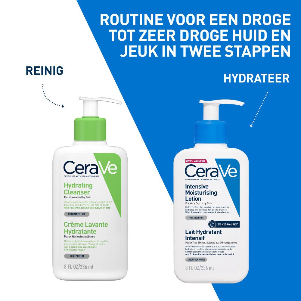 Witte fles met blauwe pomp. Opschrift: CeraVe, Intensive Moisturising Lotion. Tekst in het Engels en Frans.