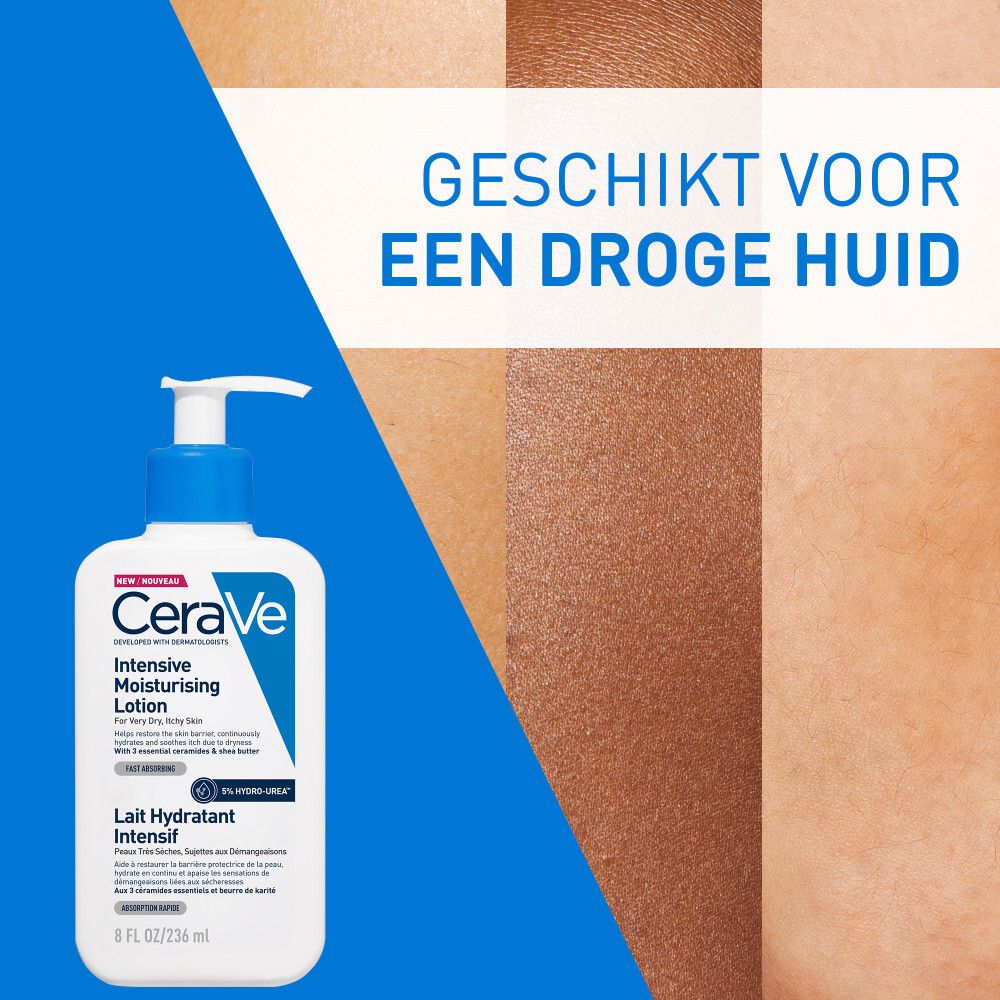 Witte fles met blauwe pomp. Opschrift: CeraVe, Intensive Moisturising Lotion. Tekst in het Engels en Frans.