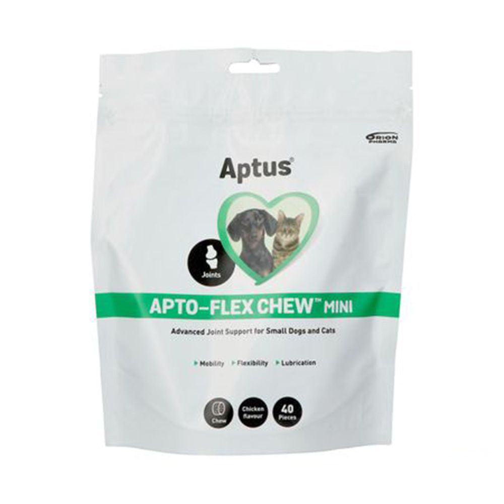 Witte zak met groene streep. Opschrift Aptus, Apto-Flex Chew Mini. Afbeelding van hond en kat in hartvorm.