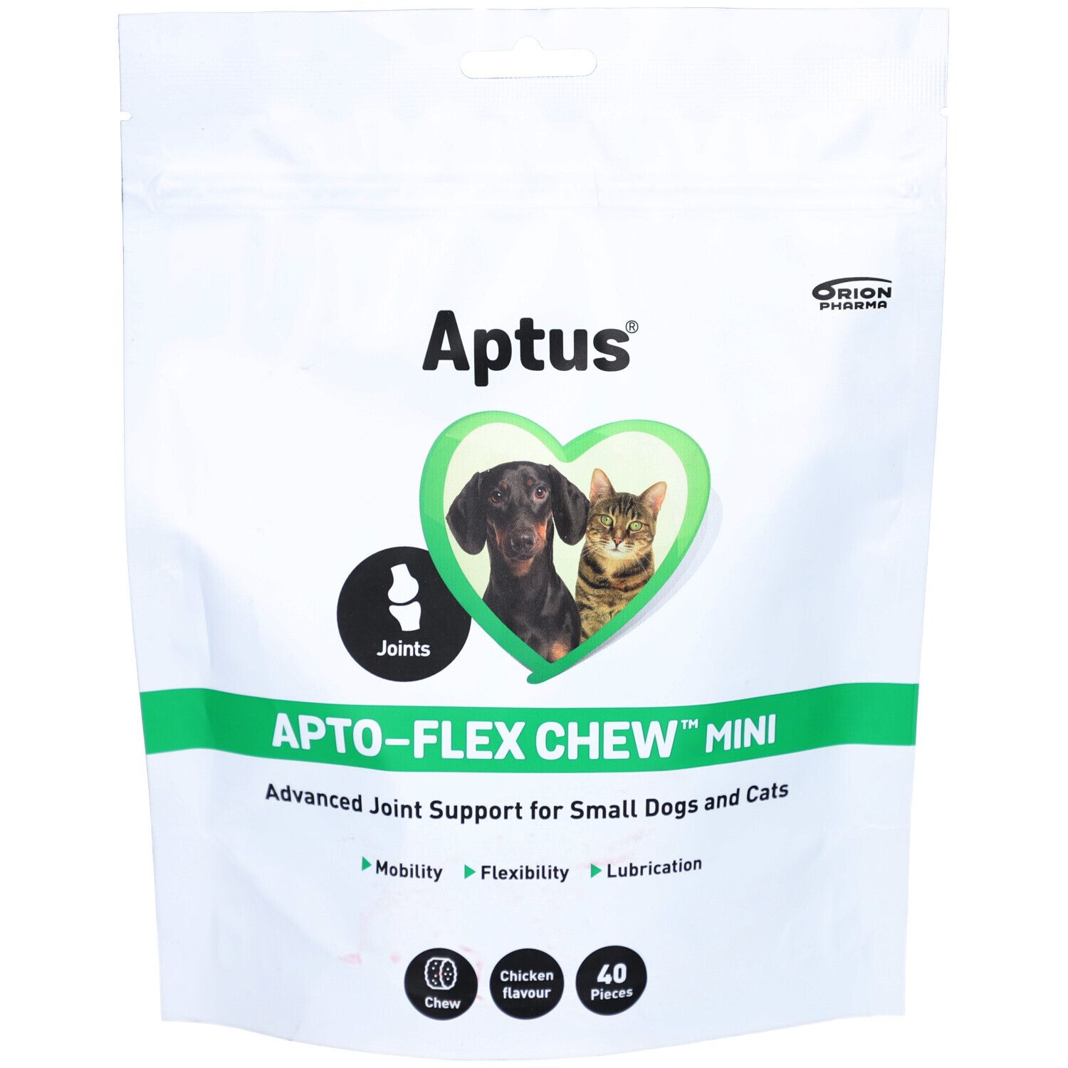 Witte zak met groene streep. Opschrift Aptus, Apto-Flex Chew Mini. Afbeelding van hond en kat in hartvorm.