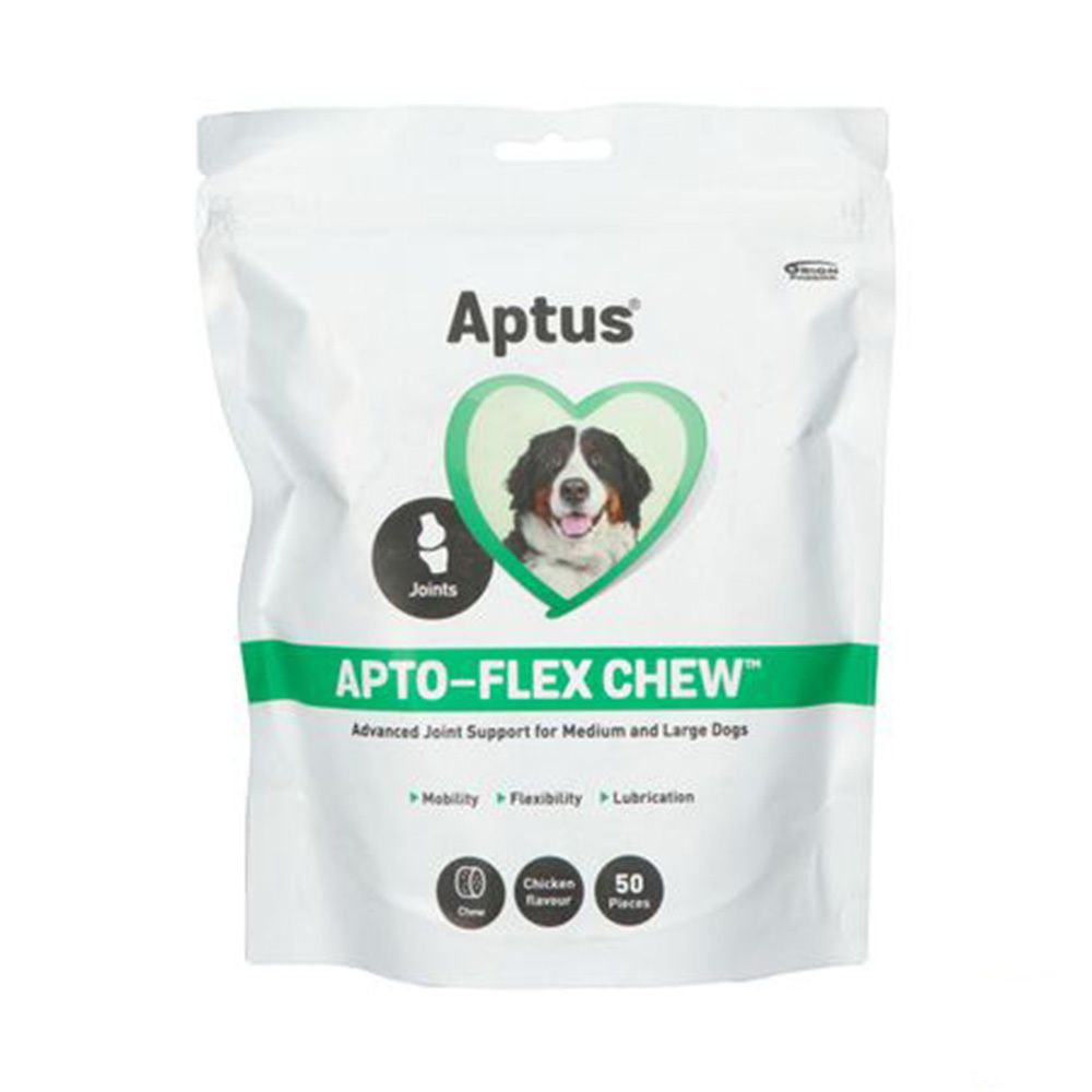 Sachet Aptus Apto-flex Chew. Blanc, détails verts. Image d'un chien dans un cœur. Texte : Apto-flex Chew, soutien articulaire pour chiens.