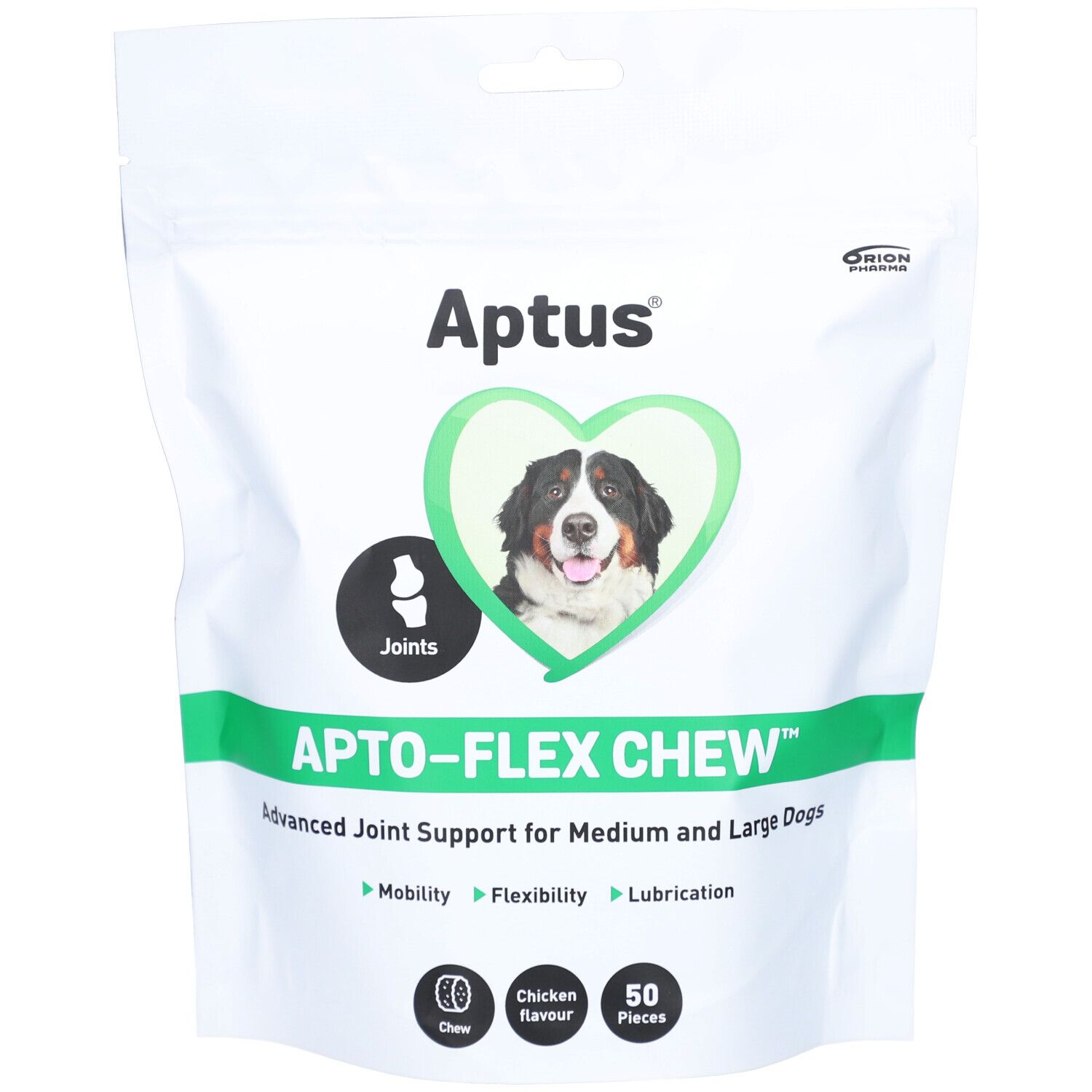 Aptus Apto-flex Chew zak. Wit, groene accenten. Afbeelding van een hond in een hart. Tekst: Apto-flex Chew, gewrichtsondersteuning voor honden.