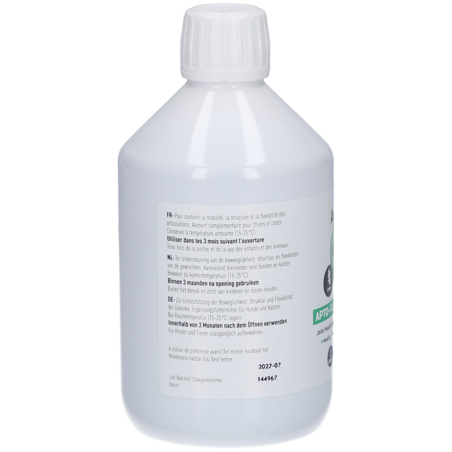 Dos d'une bouteille blanche avec bouchon à vis. Texte en plusieurs langues. Informations sur l'utilisation et le stockage.