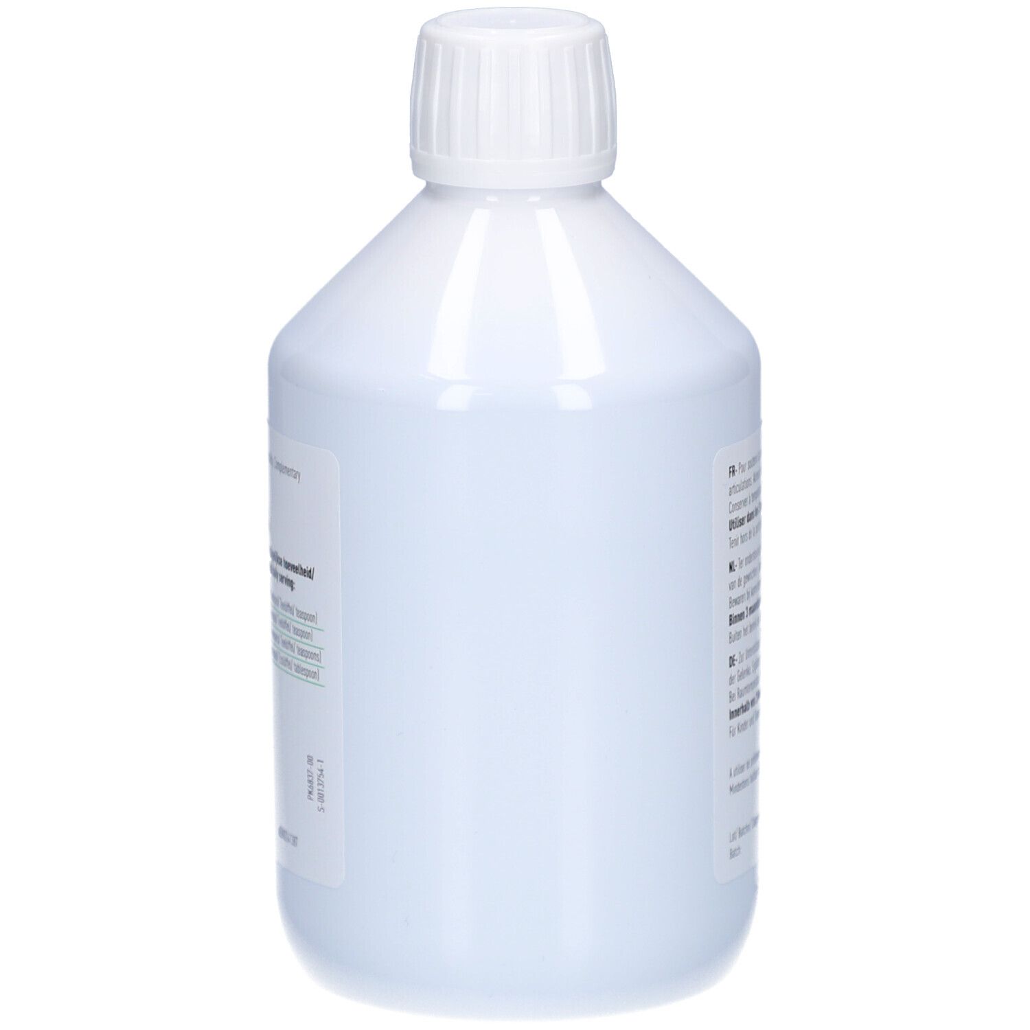 Bouteille blanche avec bouchon à vis. Dos vide. Étiquette avec informations sur le produit sur le côté.