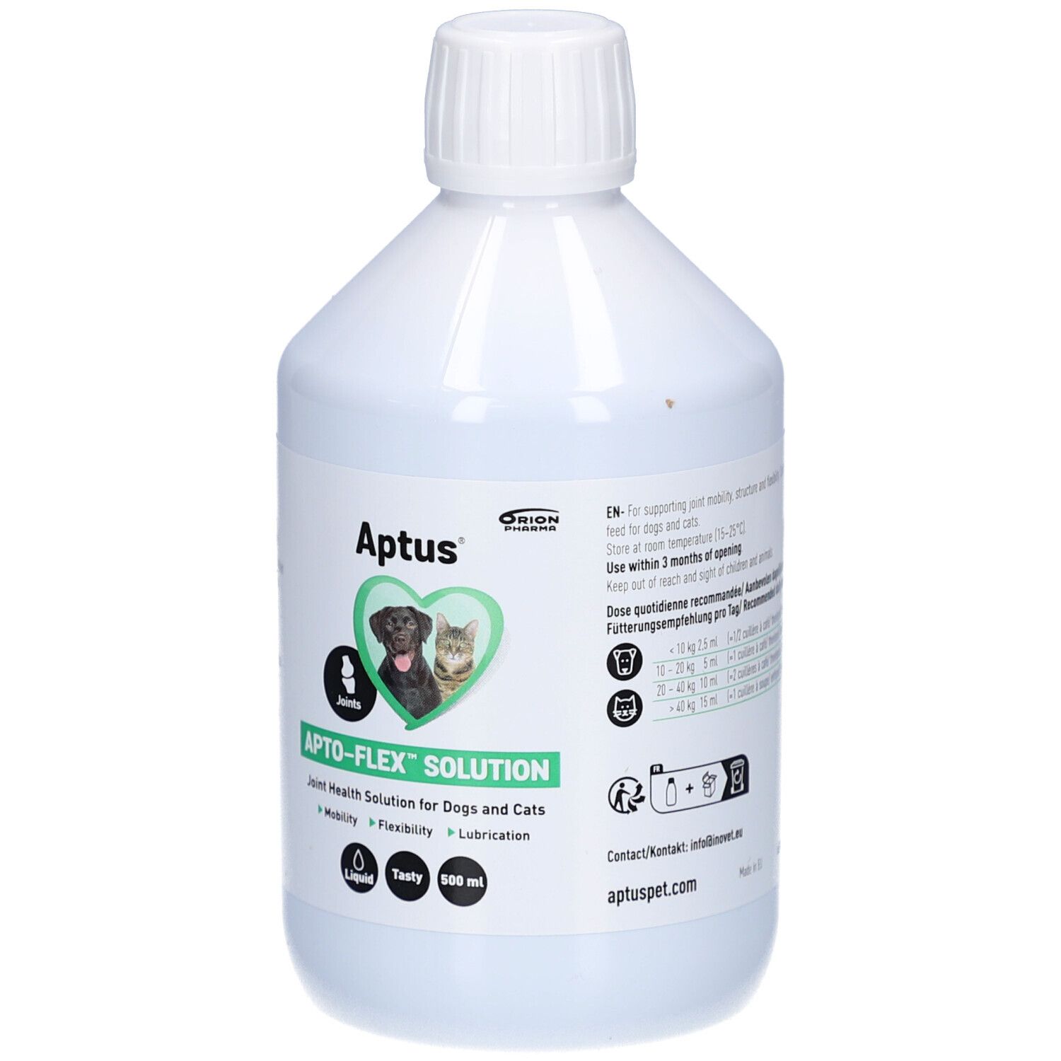 Bouteille blanche avec bouchon à vis. Étiquette avec nom du produit, logo et image chien et chat. Texte: APTO-FLEX SOLUTION.