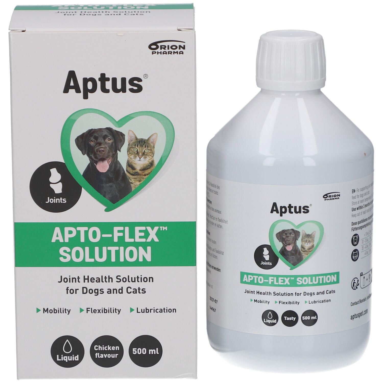 Produit et emballage. Bouteille blanche et carton. Impression: Aptus, APTO-FLEX SOLUTION, image chien et chat.