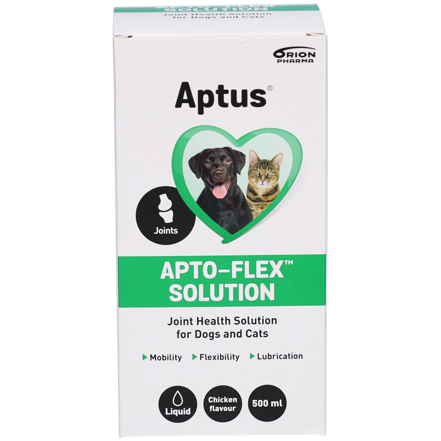 Emballage en carton. Impression: Aptus, APTO-FLEX SOLUTION, image chien et chat. Texte: Joint Health Solution.