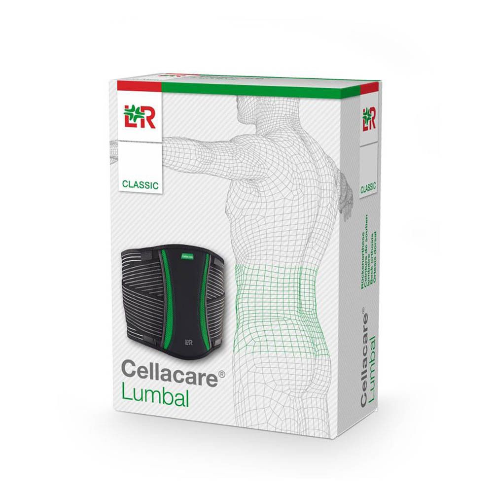 Verpakking van Cellacare Lumbal Classic. Doos met productafbeelding en schematische weergave van de rug. Logo en productnaam duidelijk zichtbaar.