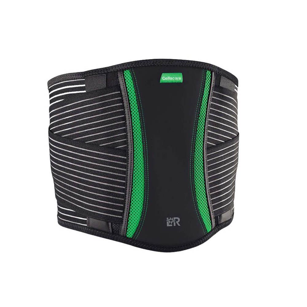 Cellacare Lumbal Classic. Ceinture lombaire noire avec accents verts. Bandes élastiques et fermetures velcro. Logo visible.