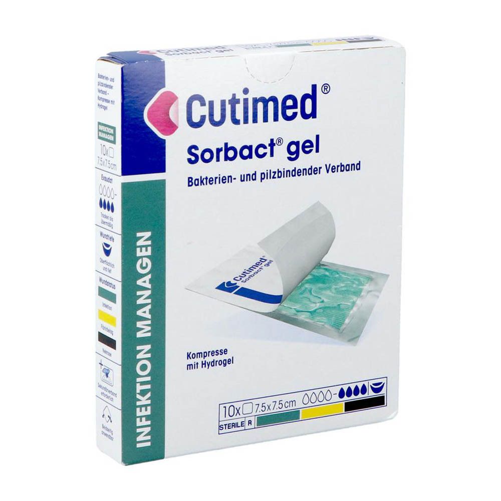 Boîte de compresses Cutimed Sorbact gel. 10 compresses, 7,5 x 7,5 cm. Pansement absorbant bactéries et champignons.