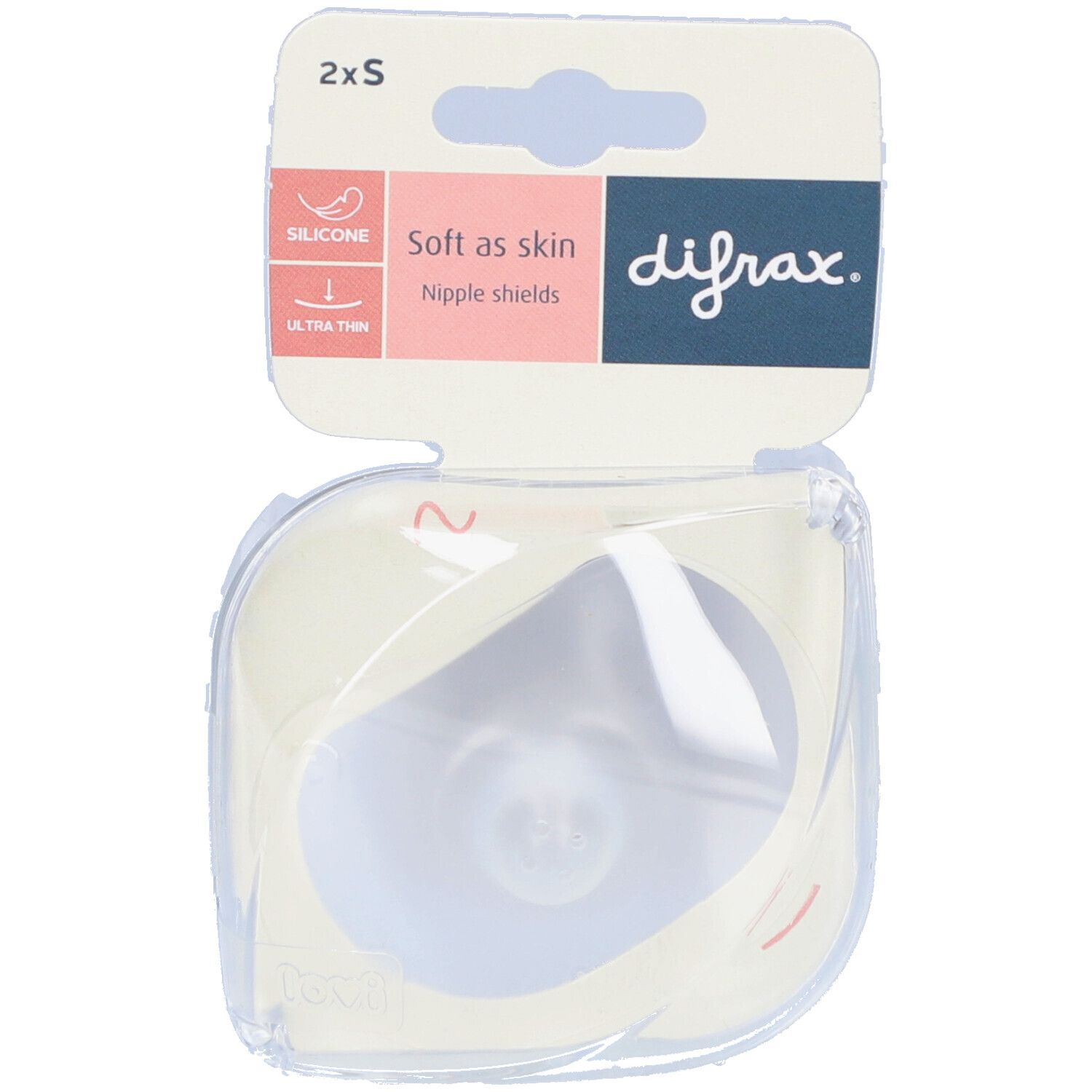 Verpakking met twee siliconen tepelbeschermers. Opschrift: "Soft as skin". Merk: Difrax. Transparante plastic verpakking.