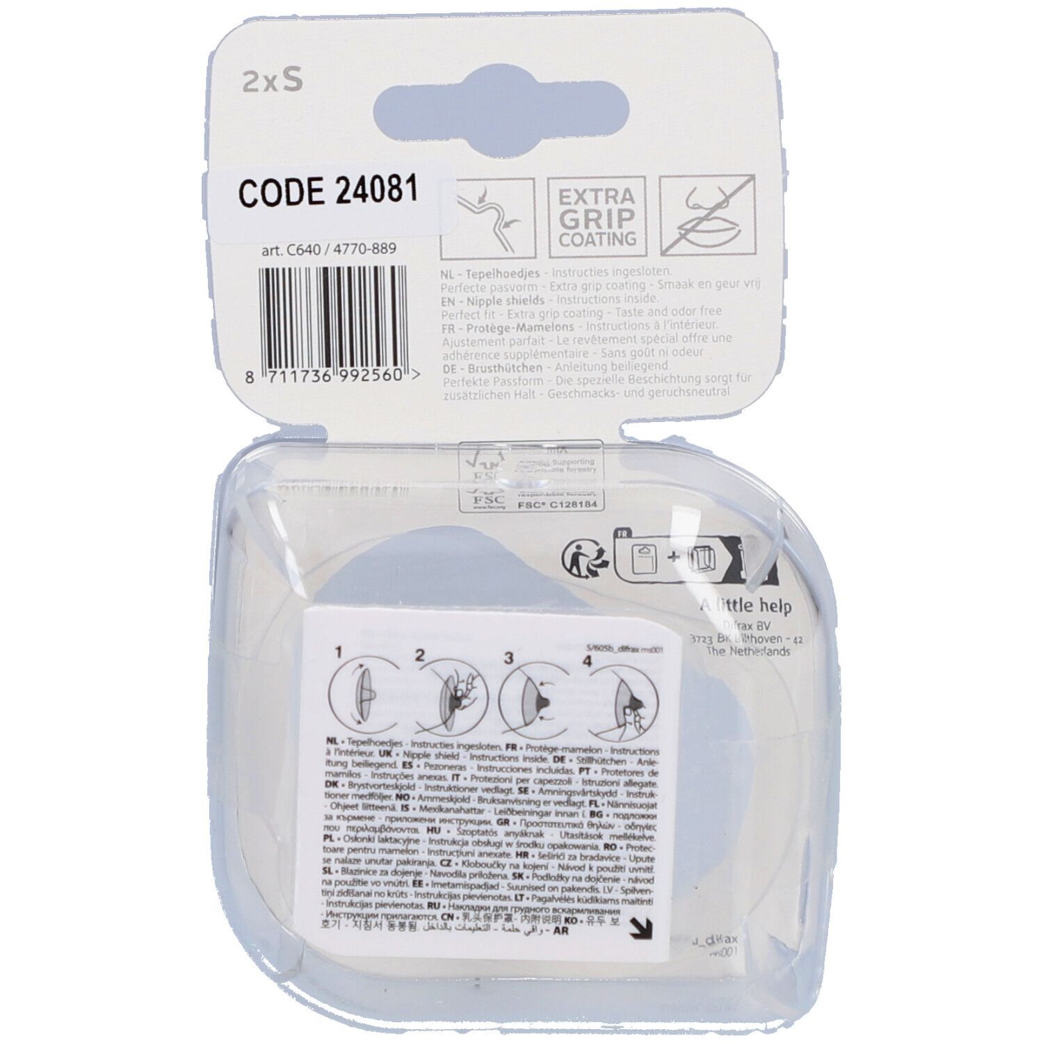 Achterkant van de verpakking met productcode en instructies. Tekst in meerdere talen. Merk: Difrax. Transparante plastic verpakking.