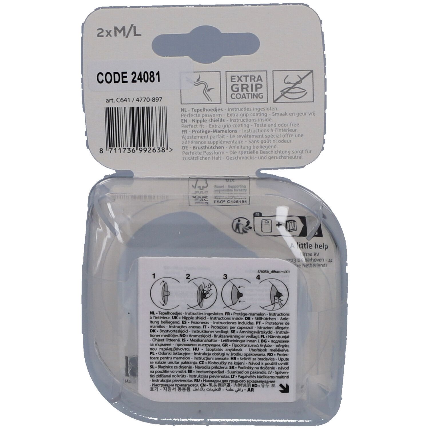 Achterkant van de verpakking met tepelhoedjes. Productcode, instructies met pictogrammen. Extra Grip coating.