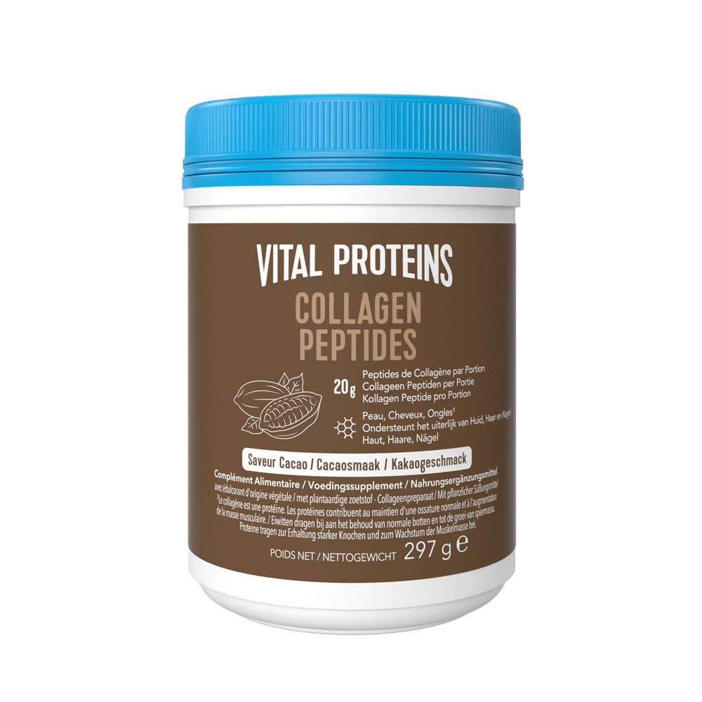 Pot de Vital Proteins Collagen Peptides. Texte : Saveur Cacao.