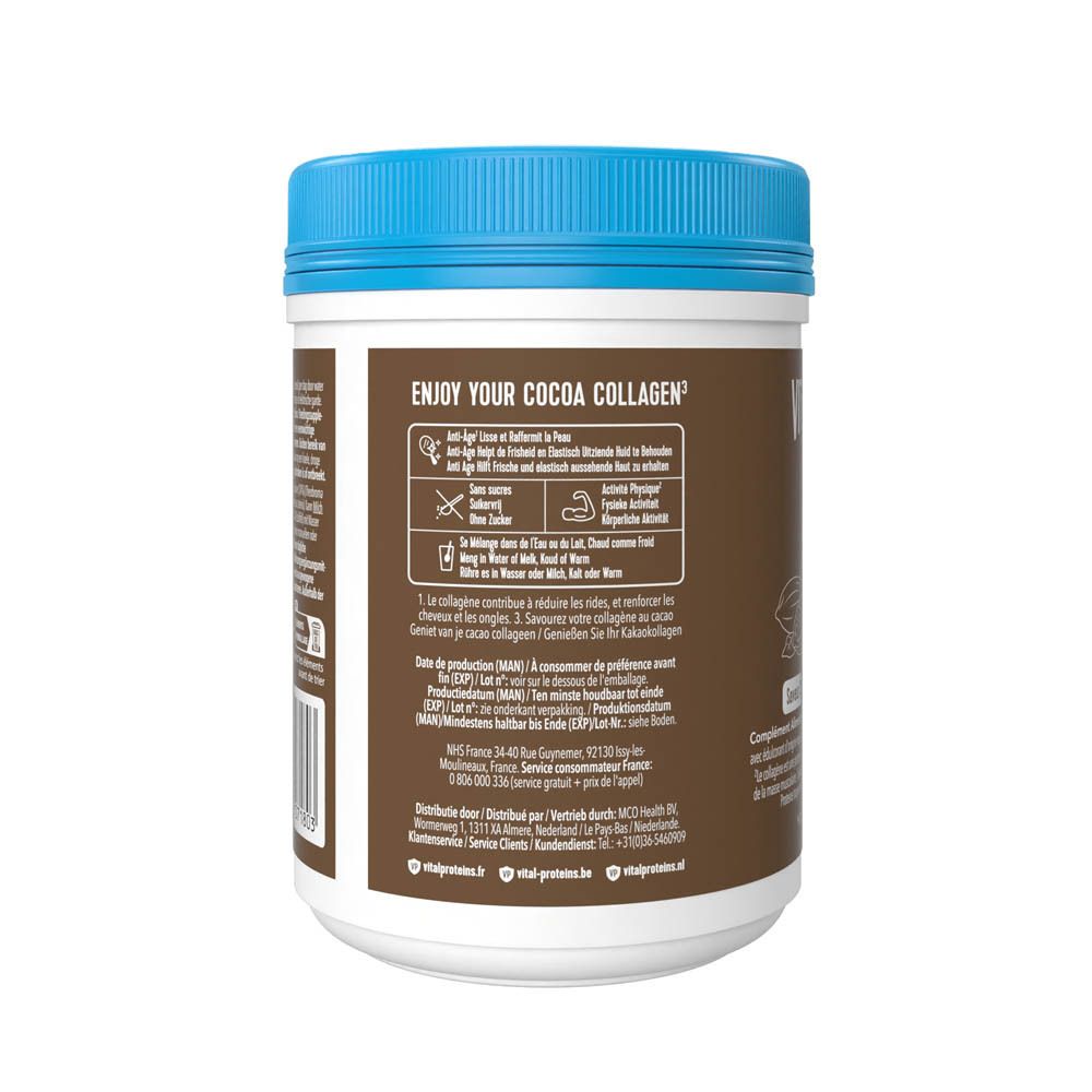 Achterkant van de pot Vital Proteins Collagen Peptides. Tekst: Enjoy your Cocoa Collagen.