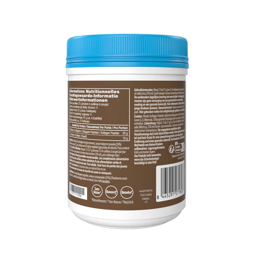 Achterkant van de pot Vital Proteins Collagen Peptides. Tekst: Voedingswaarde-informatie.