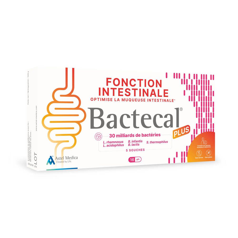Emballage Bactecal Plus avec symbole intestinal et texte 'Fonction Intestinale'.