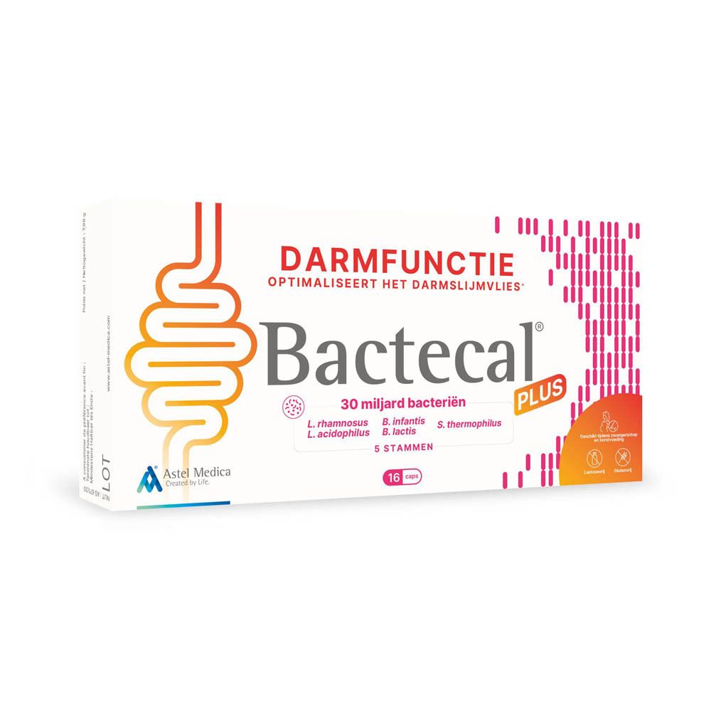 Bactecal Plus verpakking met darm-symbool en tekst 'Darmfunctie'.