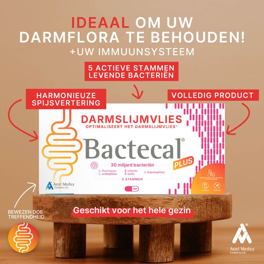 Bactecal Plus verpakking met darm-symbool en tekst 'Darmfunctie'.