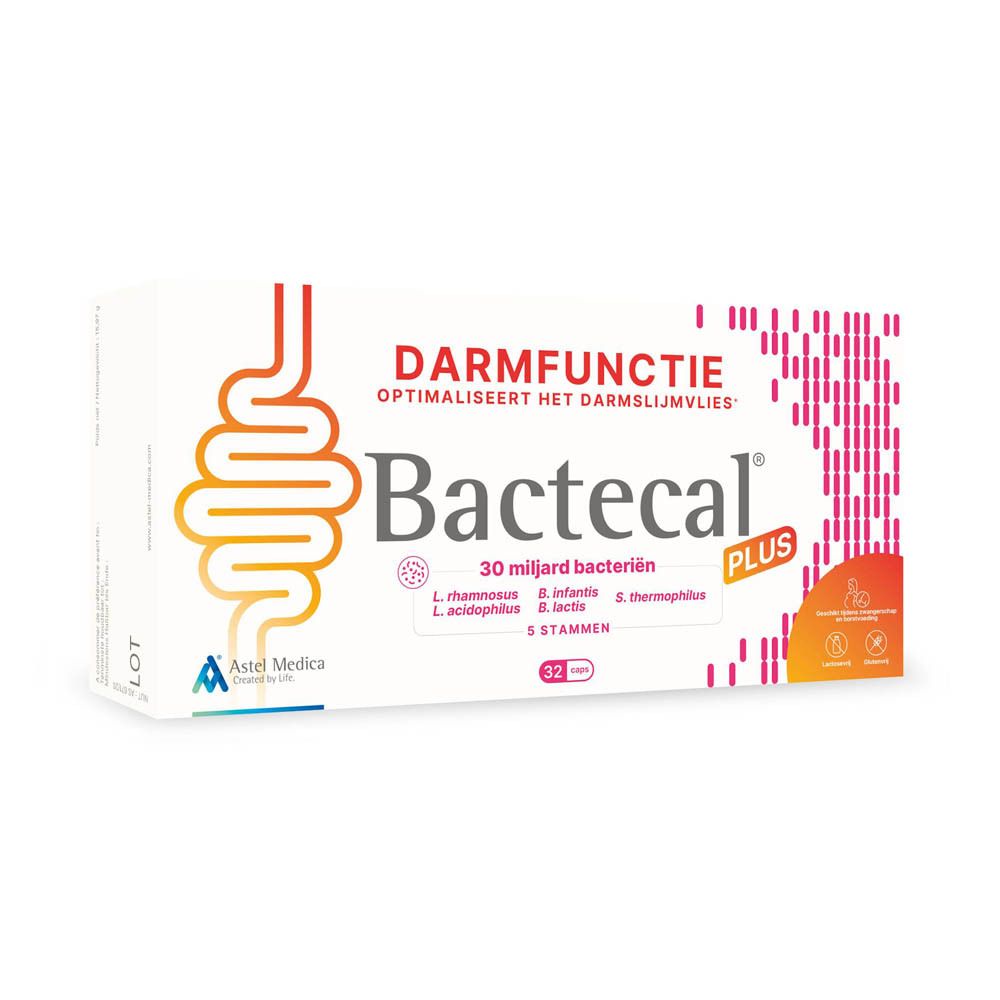 Bactecal Plus verpakking met 32 zakjes voor darmfunctie.