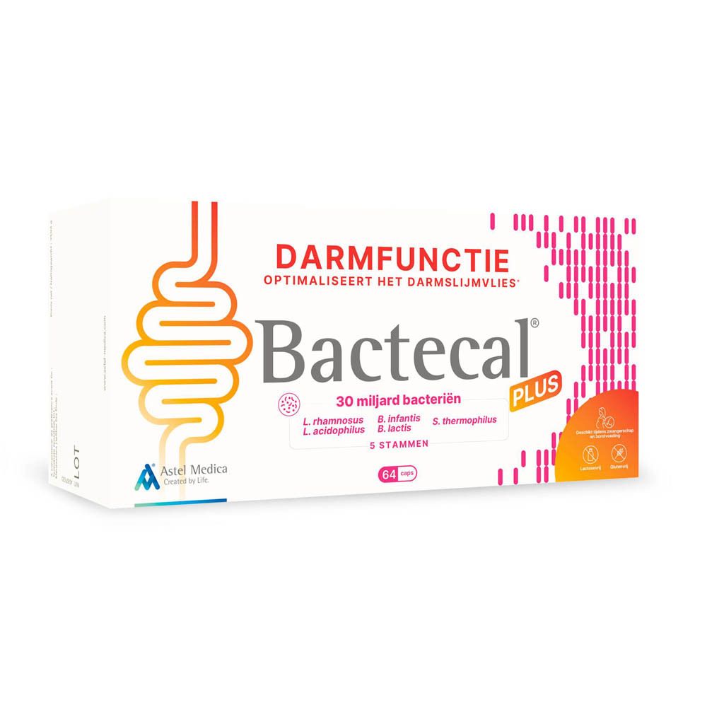 Familie aan tafel, Bactecal Plus verpakking op de voorgrond, Darmfunctie.