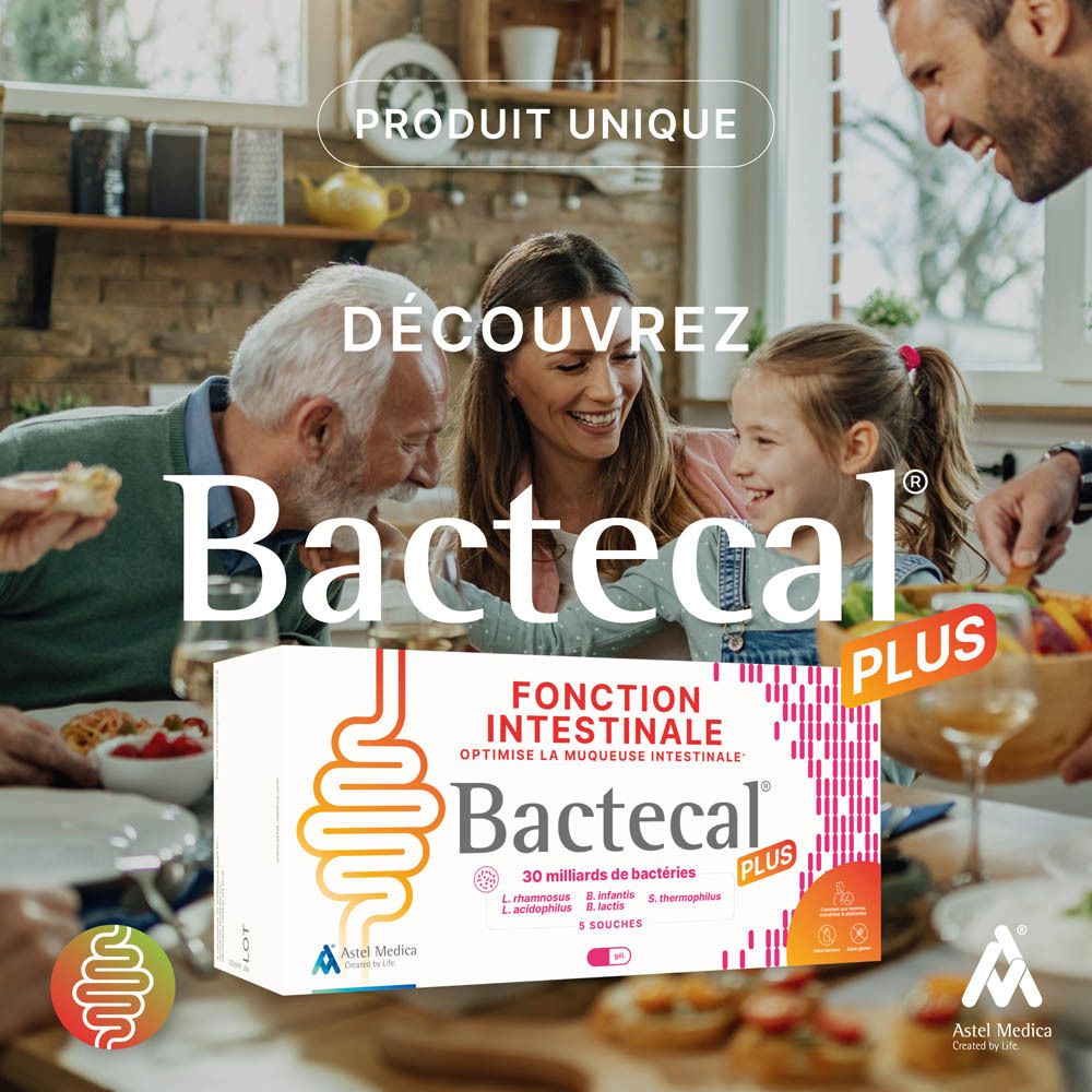 Emballage Bactecal Plus sur socle en bois, fonction intestinale, 5 souches de bactéries actives.