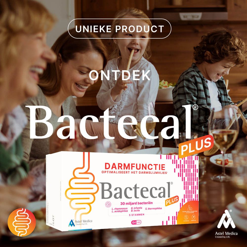 Bactecal Plus verpakking met 30 miljard bacteriën, optimaliseert het darmslijmvlies.