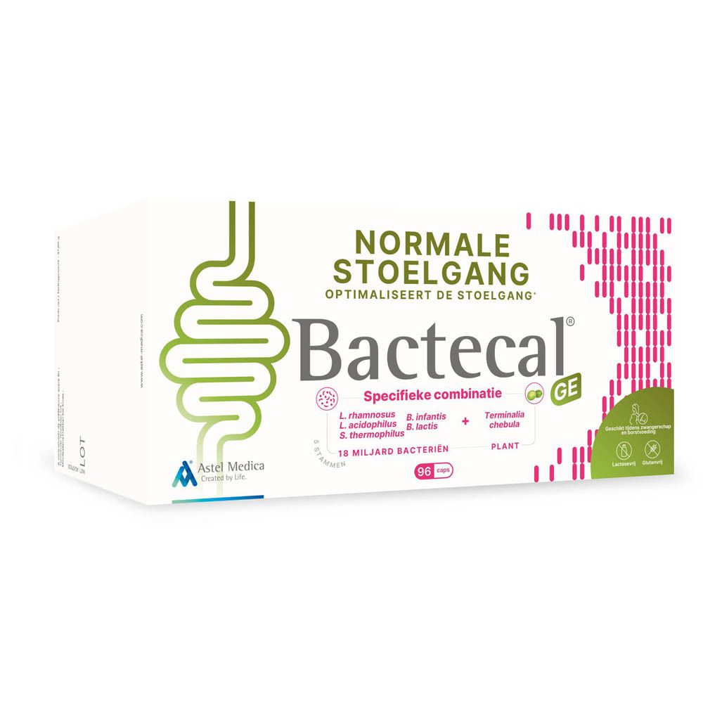 Bactecal GE doos met darm-icoon en roze streepjes. Voor normale stoelgang.