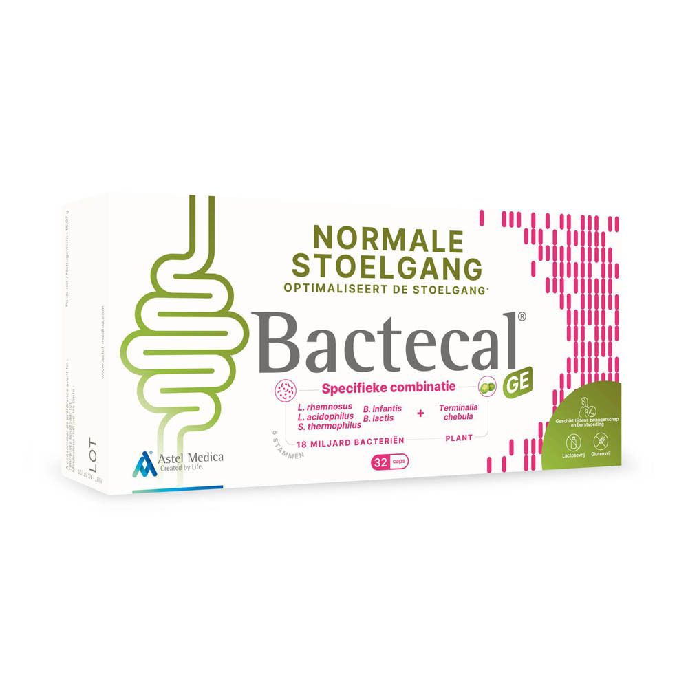 Bactecal GE: Doos voor normale stoelgang, 32 zakjes, met darm-symbool.