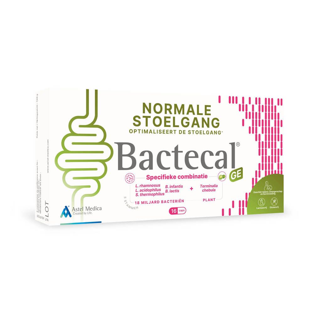 Bactecal GE doosje met 16 capsules voor zachte stoelgang, optimaliseert de stoelgang.