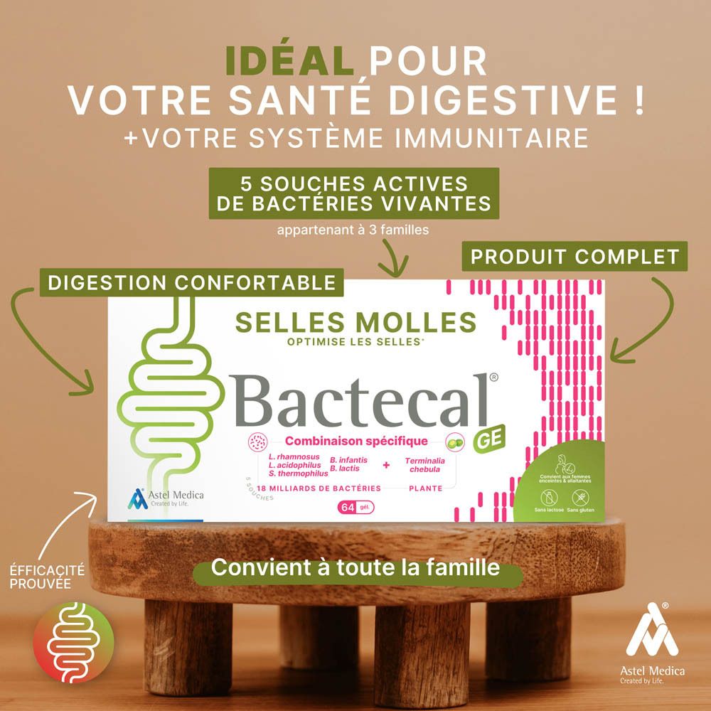 Bactecal GE boîte de 16 gélules pour selles molles, optimise les selles.