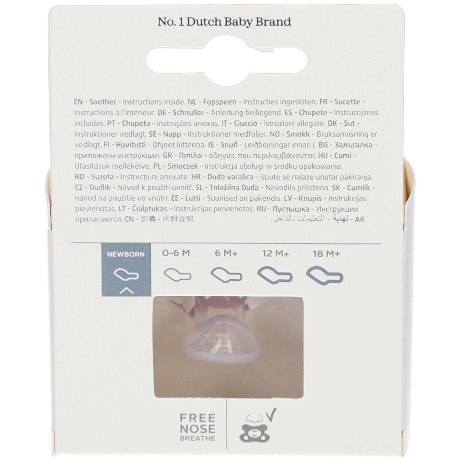 Achterkant verpakking met tekst en symbolen. NEWBORN, 0-6M, 6M+, 12M+, 18M+. FREE NOSE BREATHE.