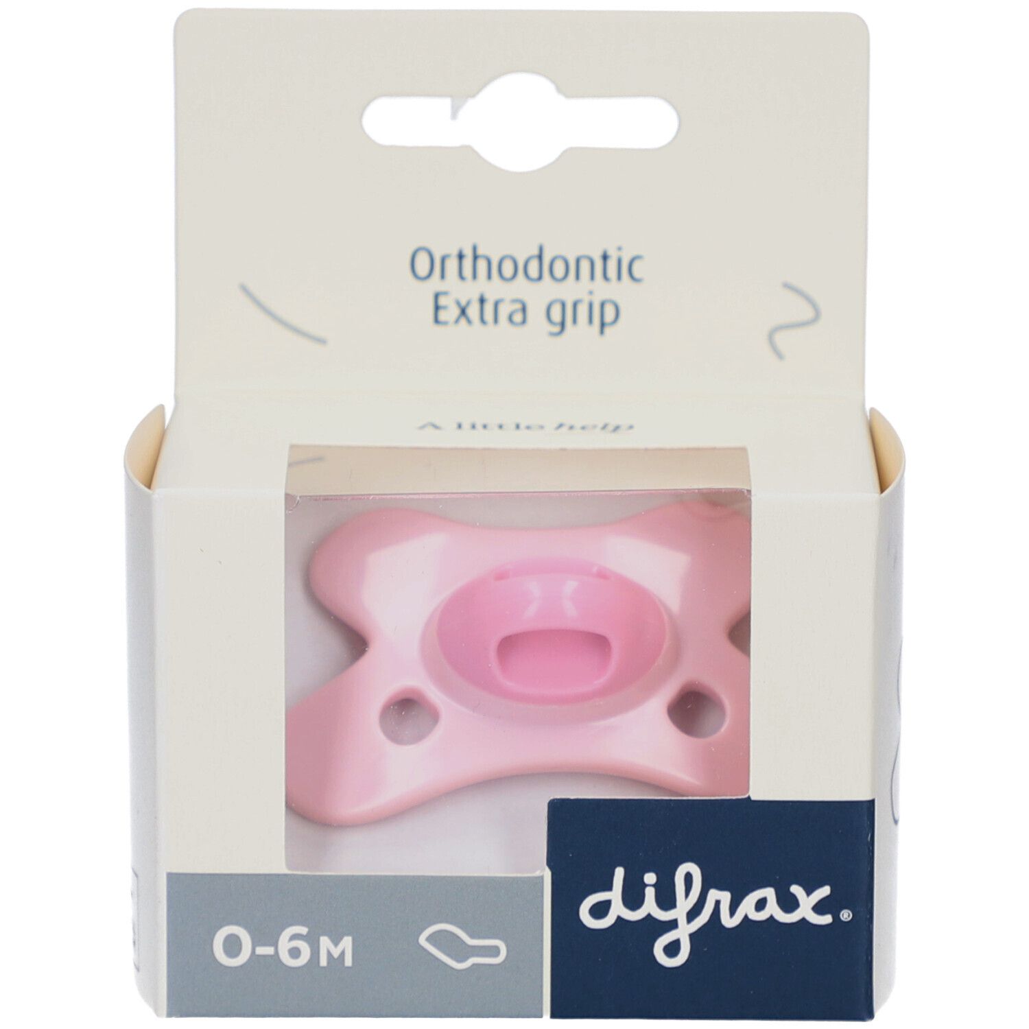 Roze fopspeen in verpakking. Orthodontic Extra grip. Leeftijd: 0-6 maanden. Merk: difrax.