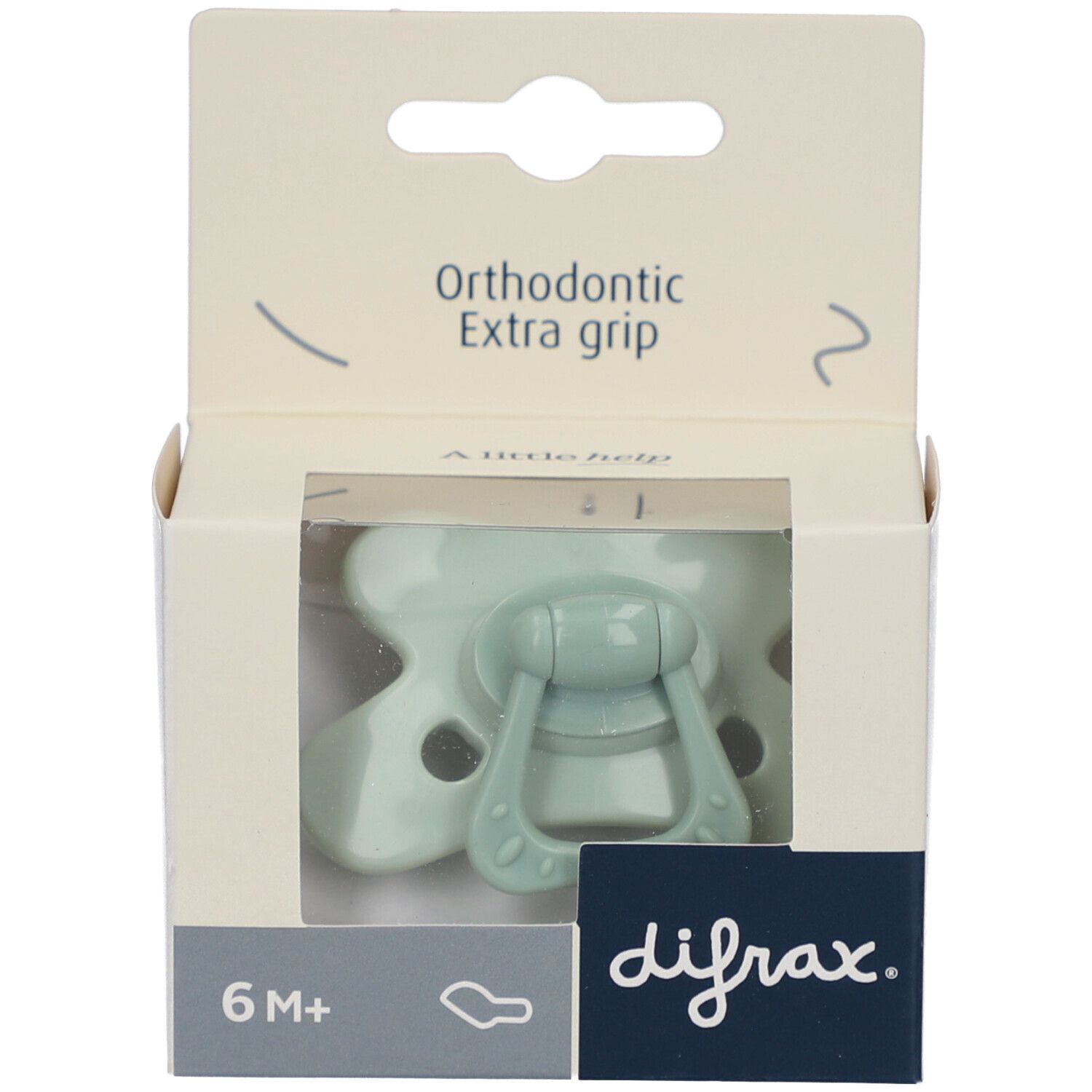 Speen in verpakking. Mintgroene speen met handvat. Orthodontic Extra grip. Venster. 6M+.
