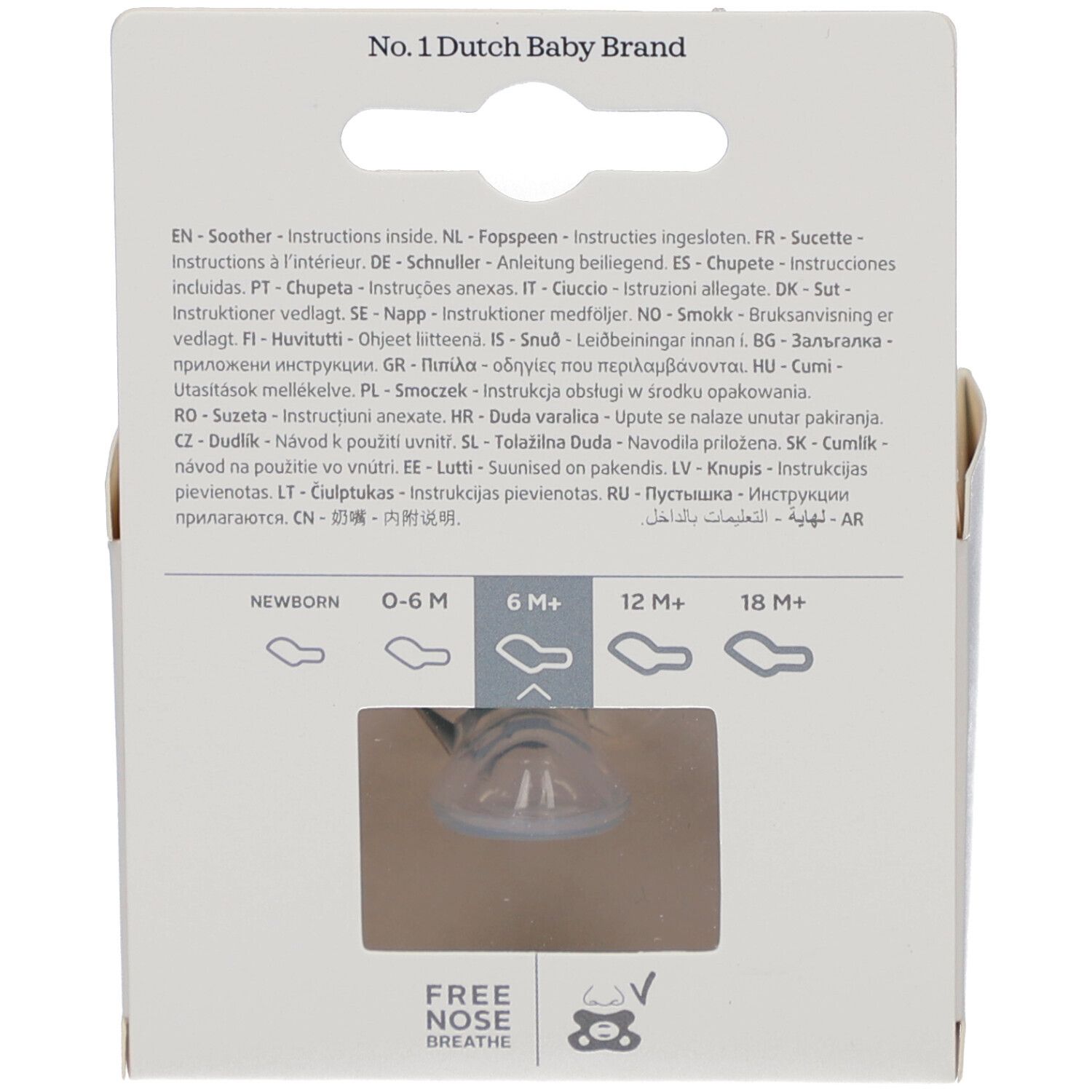 Achterkant verpakking. Meertalige tekst. Leeftijdsindicaties: Newborn, 0-6M, 6M+, 12M+, 18M+.
