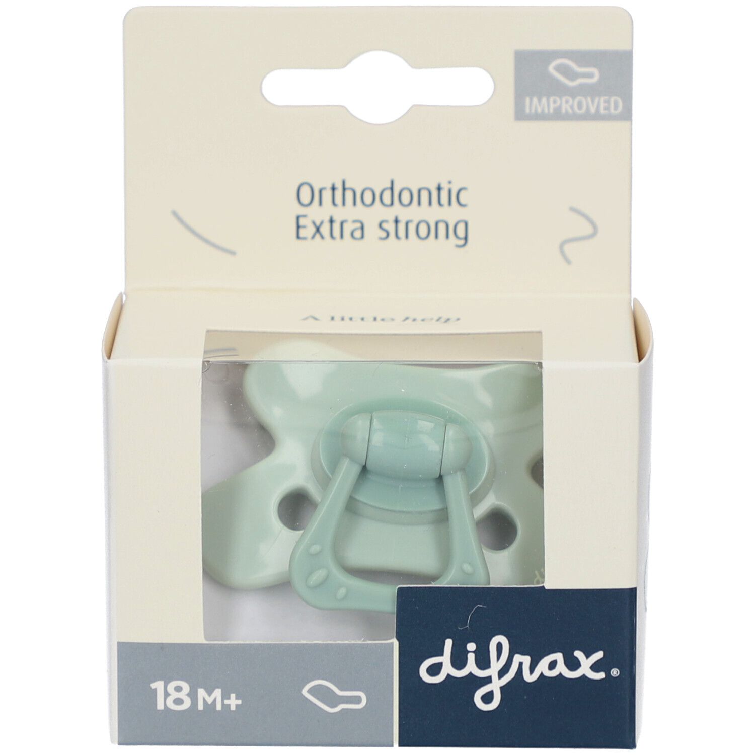 Lichtgroene fopspeen in verpakking. Orthodontic Extra strong. Transparant venster. 18 M+.