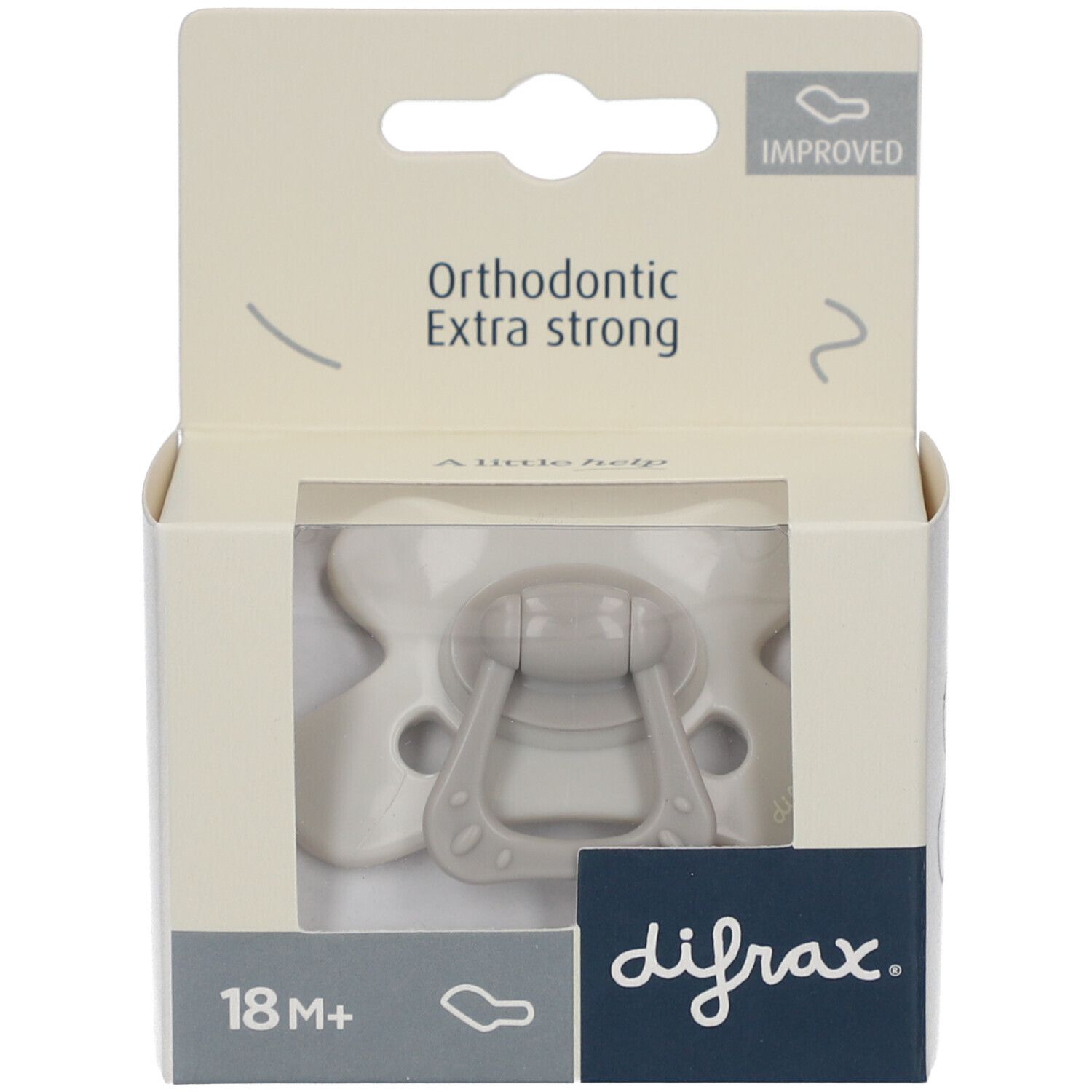 Grijze fopspeen in verpakking. Orthodontisch, extra sterk. Transparant venster. Merk: Difrax. 18M+.