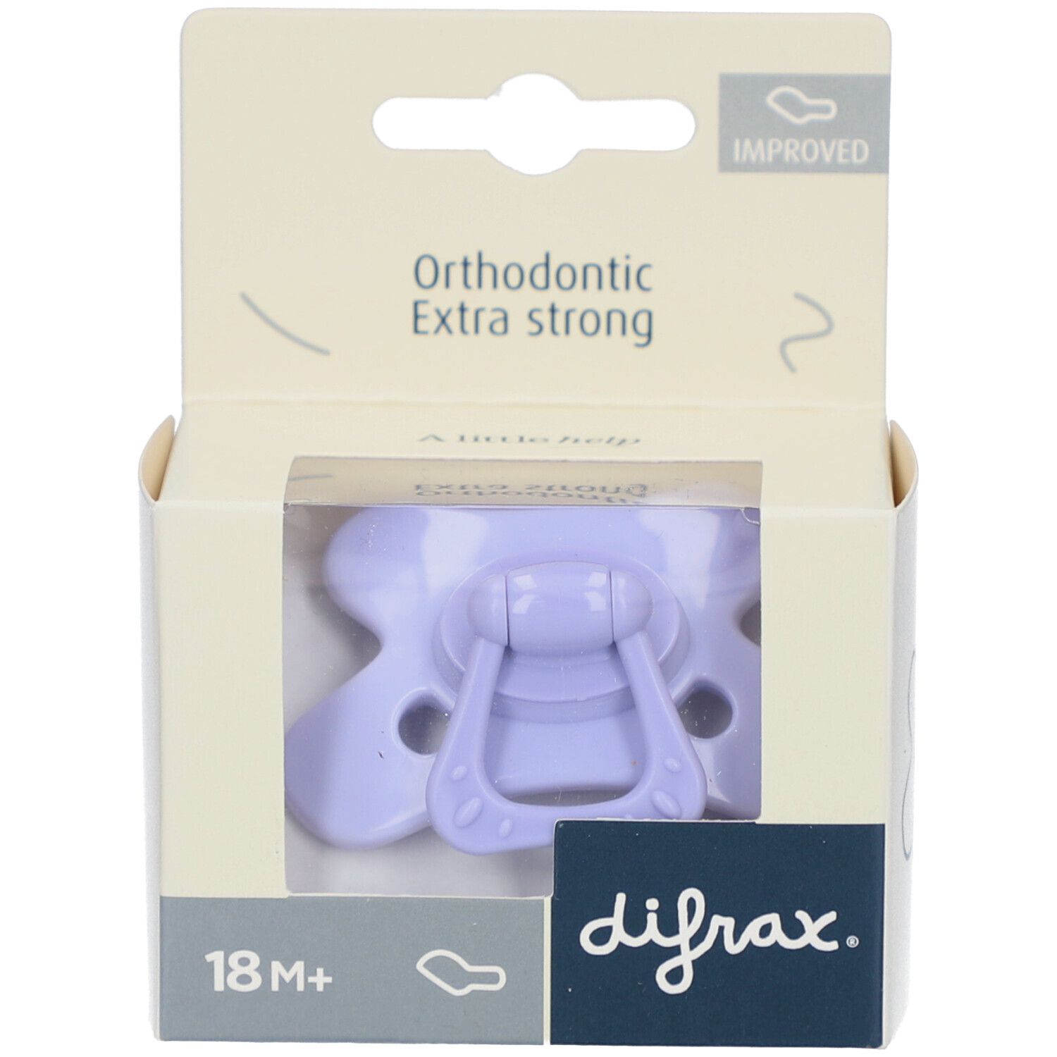 Paarse fopspeen in verpakking. Orthodontisch, extra sterk. Transparant venster. Merk: difrax. 18M+.
