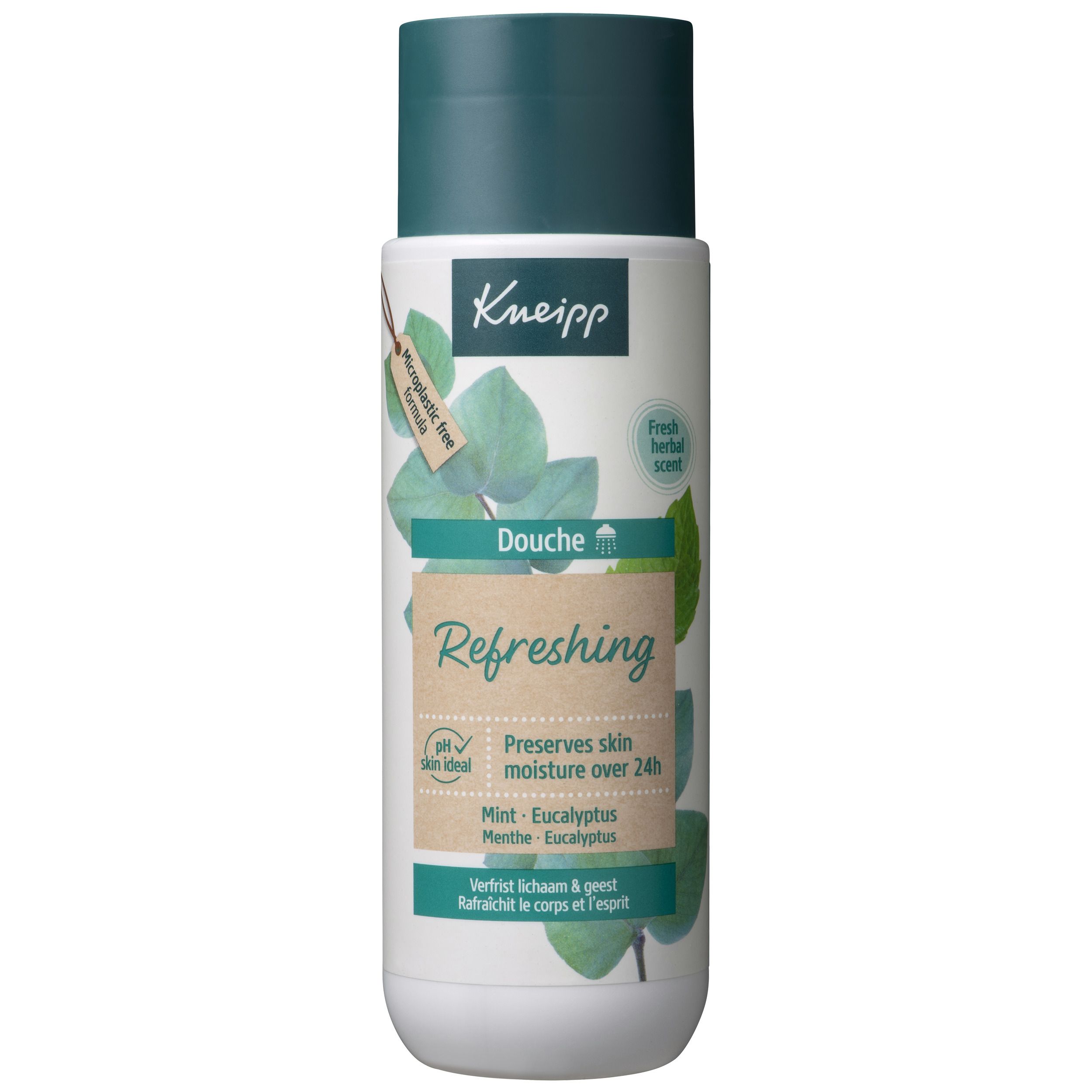 Flacon blanc et vert avec bouchon vert. Inscription Kneipp Douche Refreshing. Contient de la menthe et de l'eucalyptus. pH neutre.